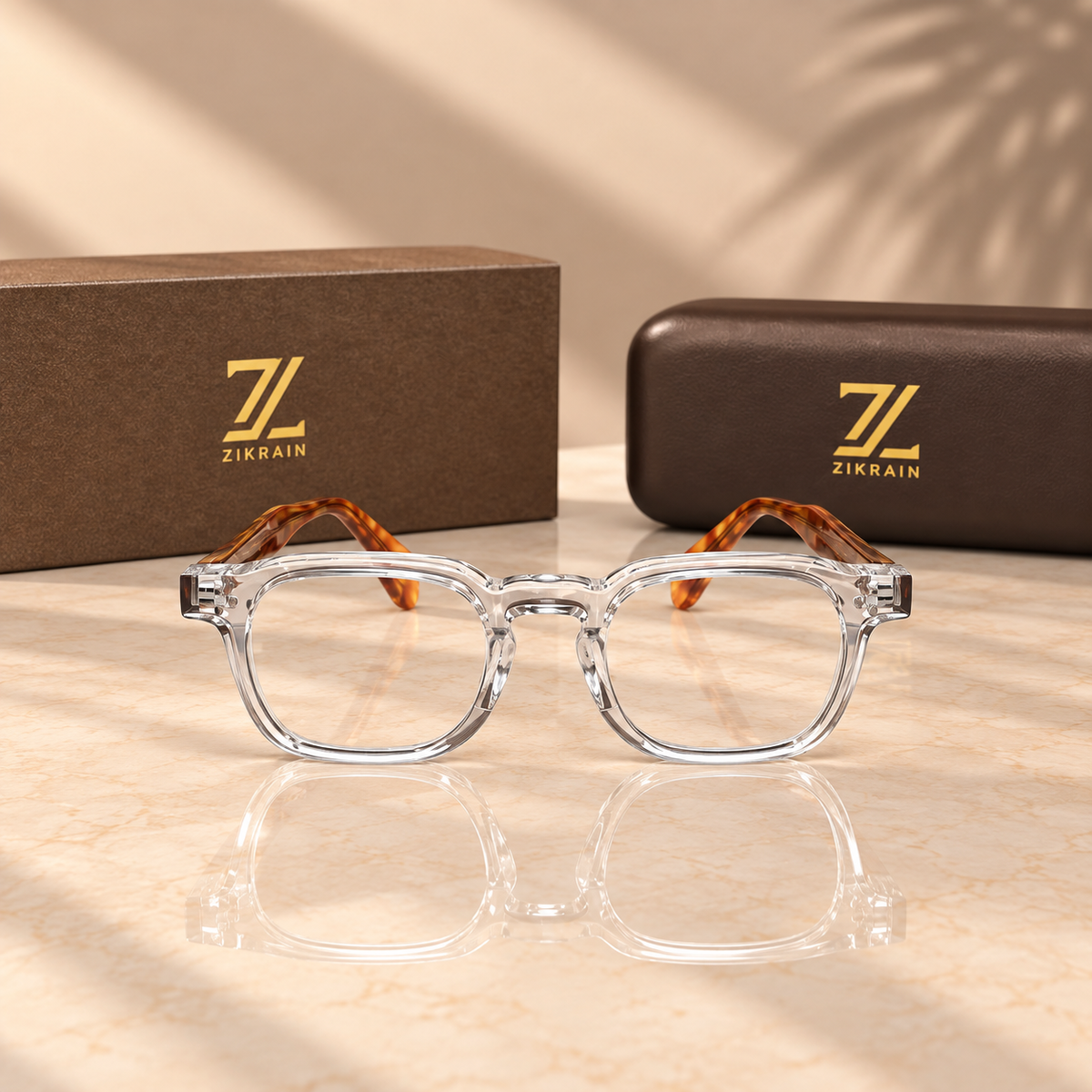 Zikrain Ghost — squared optical frames in clear crystal acetate with amber tortoise temples