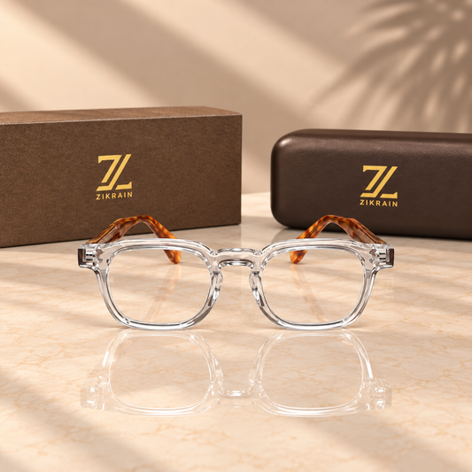 Zikrain Ghost — squared optical frames in clear crystal acetate with amber tortoise temples