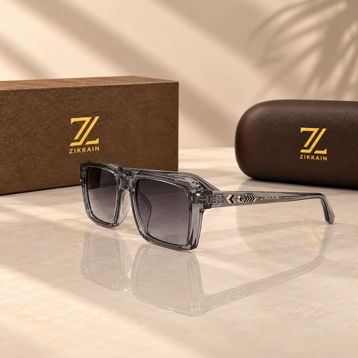 Zikrain Slay flat-top smoke-grey sunglasses with gold temple detail — product view 2