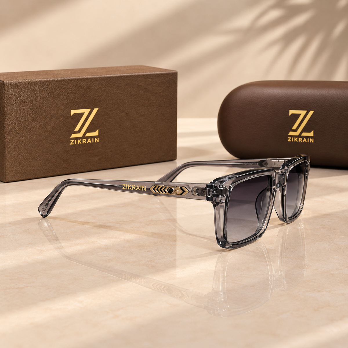 Zikrain Slay flat-top smoke-grey sunglasses with gold temple detail — product view 3