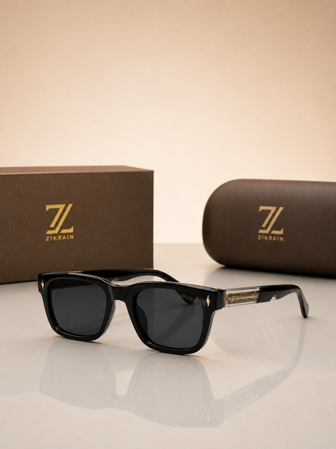 Zikrain Blaze — bold angular sunglasses in black acetate with UV400 polarized lenses