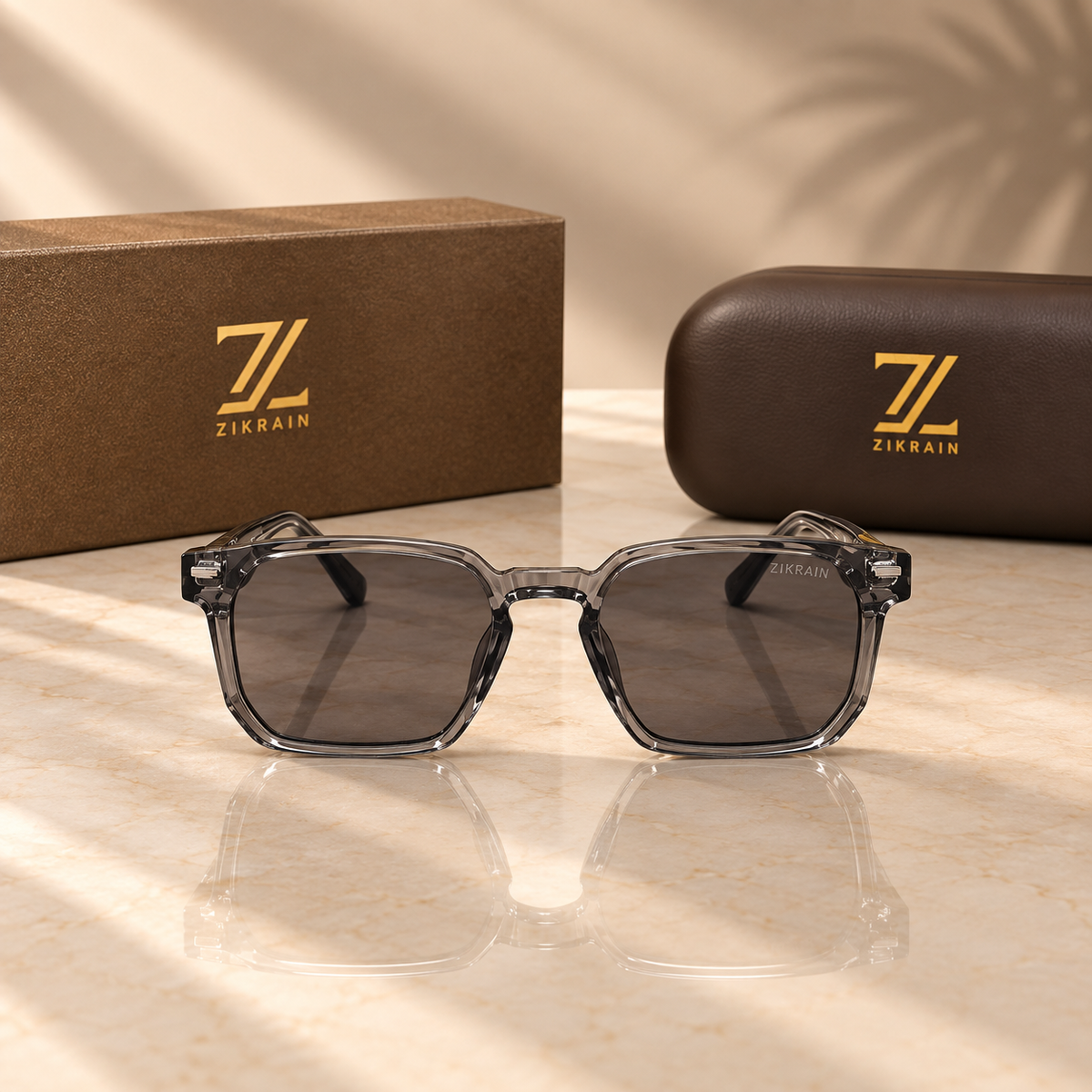 Zikrain Haze — squared sunglasses in translucent smoke-grey acetate with UV400 polarized lenses