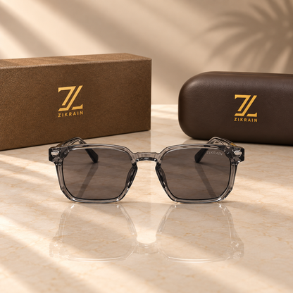 Zikrain Haze — squared sunglasses in translucent smoke-grey acetate with UV400 polarized lenses