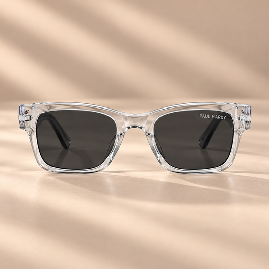 Zikrain Enigma clear crystal sunglasses with Paul Hardy temple detail, angled view