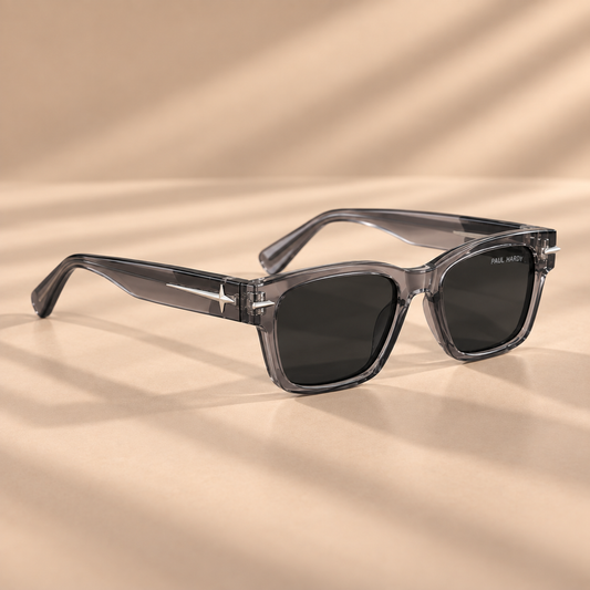 Zikrain The Traitor III sunglasses, transparent grey crystal frame with smoke lenses and silver star studs, angled view
