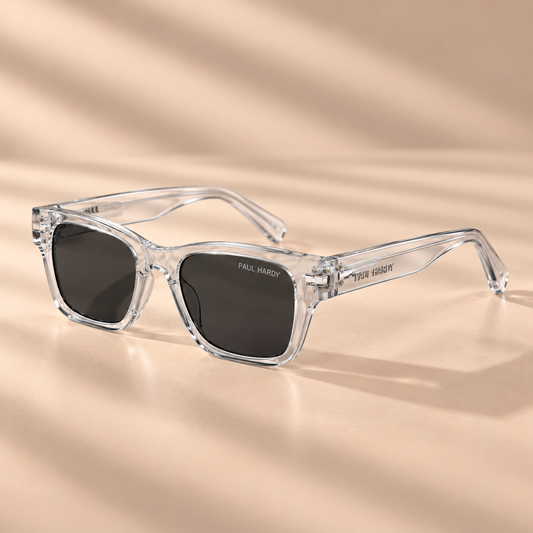 Zikrain Enigma sunglasses, clear crystal rectangular frame with dark smoke lenses, front view