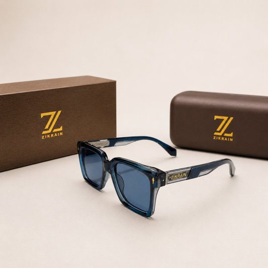Zikrain Dusk — rectangular sunglasses in glass blue acetate with UV400 polarized lenses