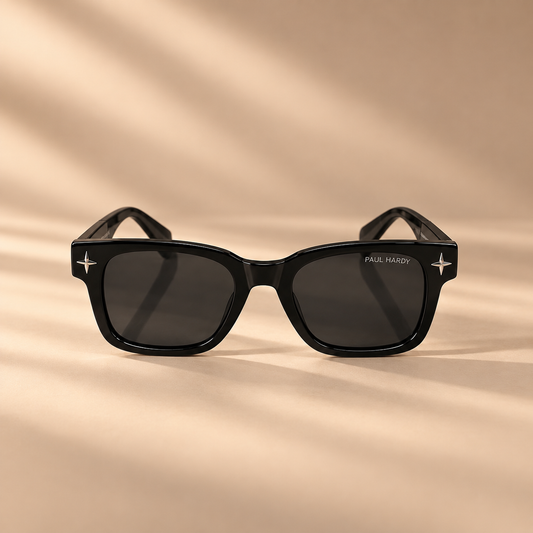 Zikrain The Traitor II sunglasses, glossy black frame with smoke lenses and silver star studs, front view