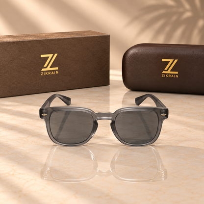 Zikrain Halo — rounded panto sunglasses in frosted grey acetate with gold rivet detail and UV400 polarized lenses
