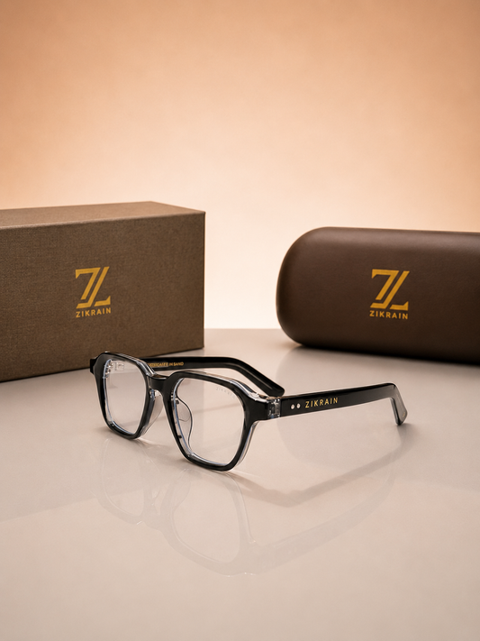 Zikrain Shawty — geometric black acetate optical frames with clear lenses