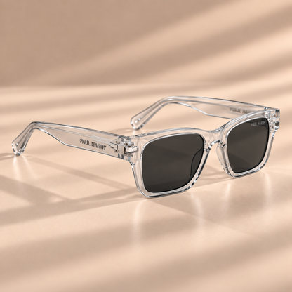 Zikrain Enigma clear crystal smoke sunglasses, detail view